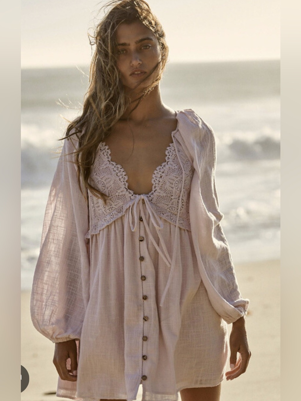 Free People Blush Pink Lace-Trim Mini Dress